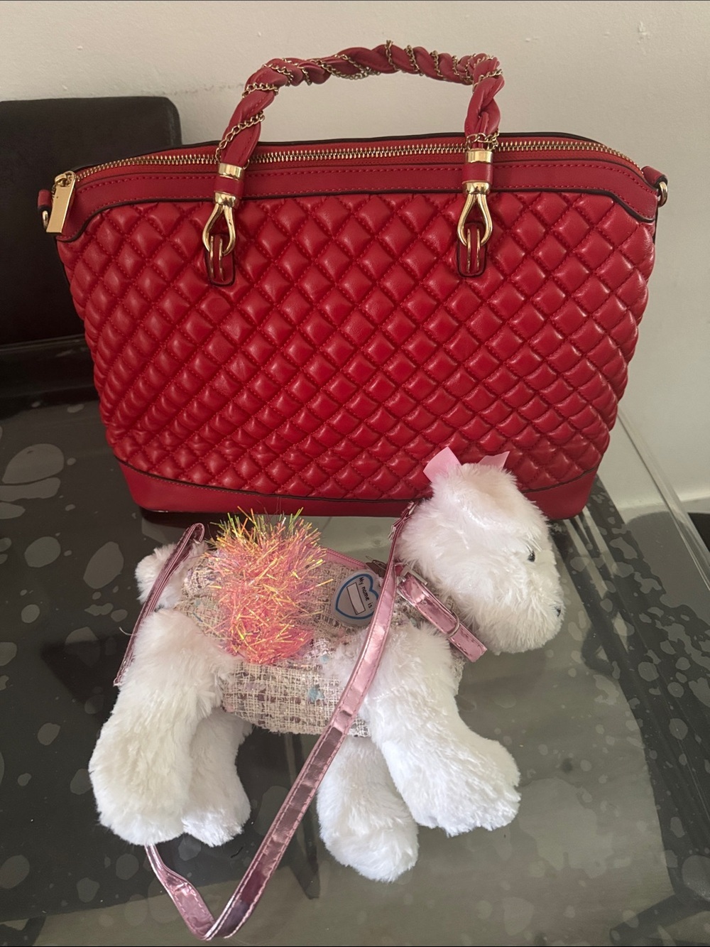 Quilted Red Women's Top-Handle Handbag with Gold Hardware